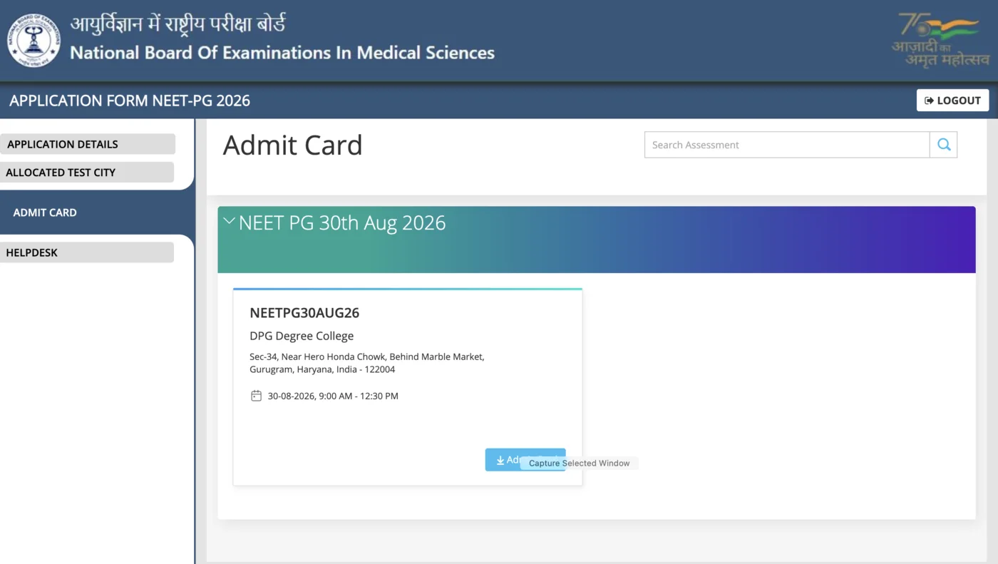 NEET PG Admit Card page — select your exam slot and click the download button on the right.