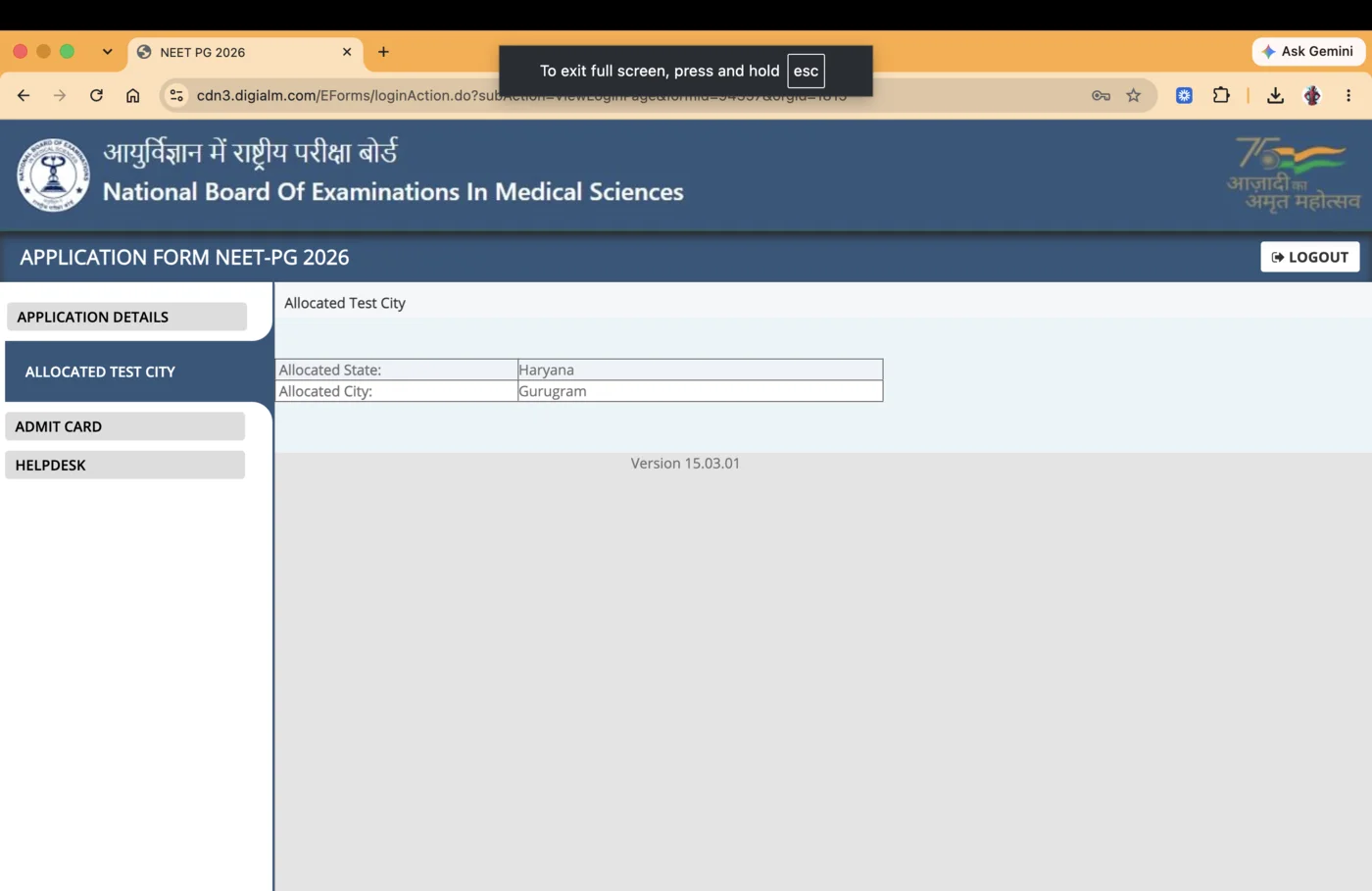 NEET PG portal left menu — Allocated Test City shows your allotted state and city.