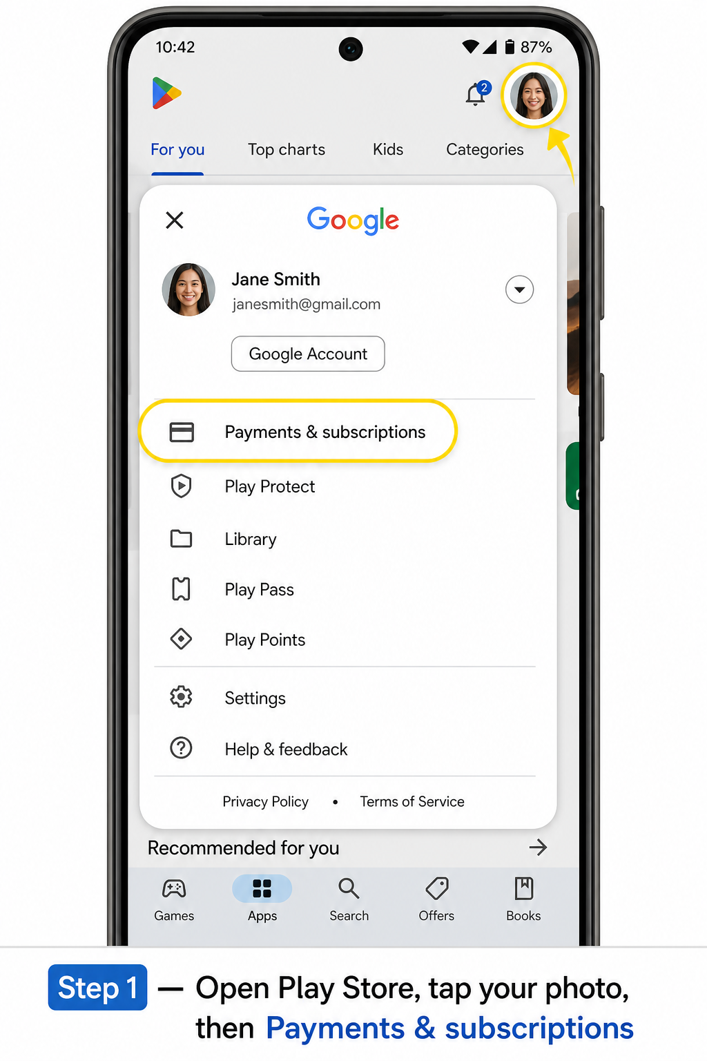 Step 1: In Play Store, tap your photo, then Payments & subscriptions.