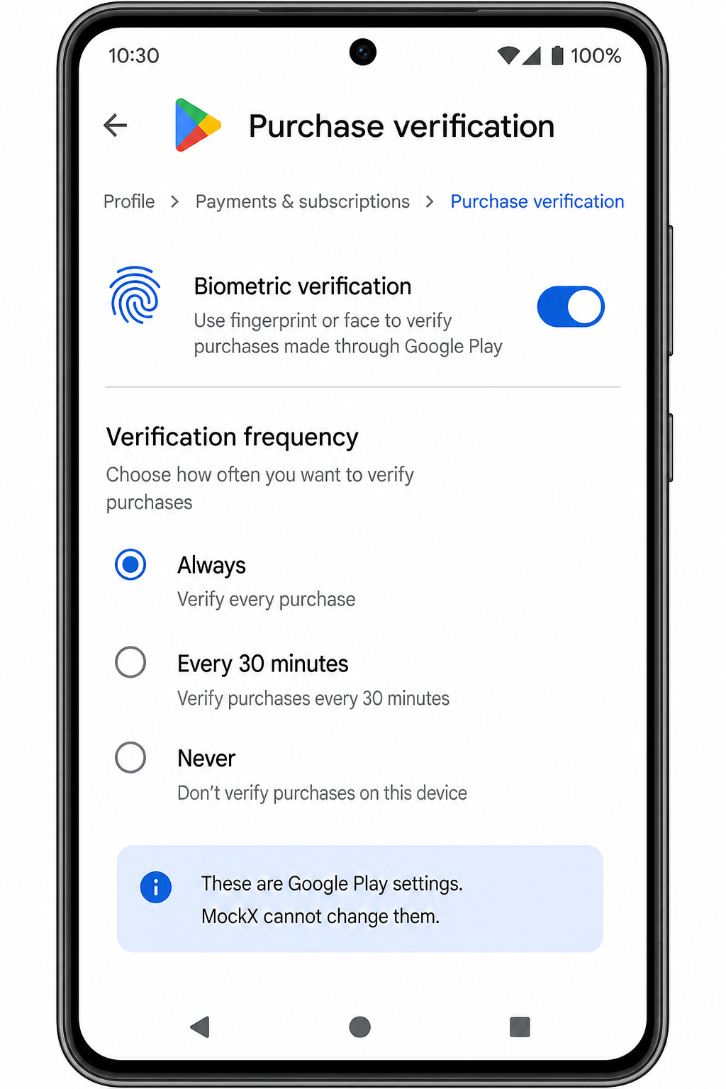 Purchase verification in Play Store: biometric toggle and frequency (Always / 30 minutes / Never). These are Google settings.