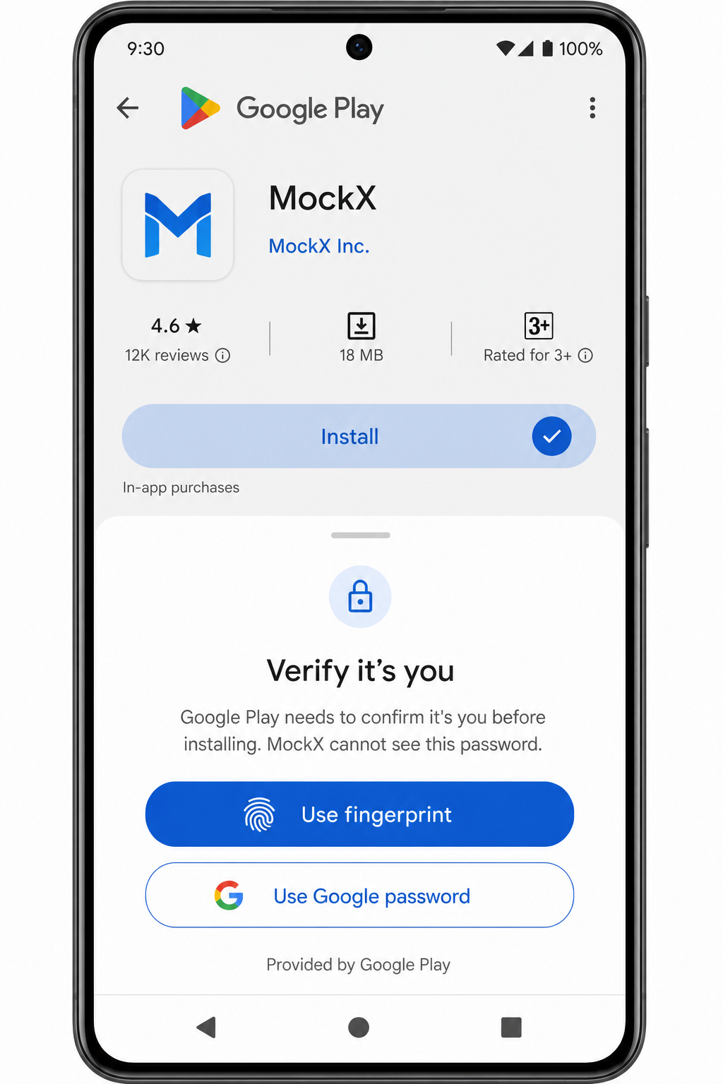 Illustrative Google Play “Verify it’s you” sheet. Fingerprint or Google password are Play Store options. MockX cannot read them.